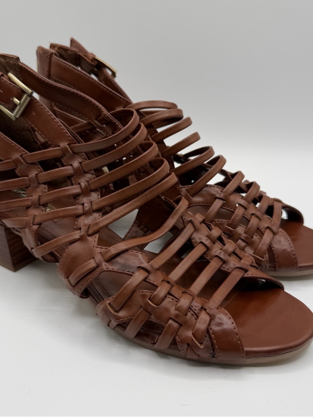 BCBGeneration Ralston Brown Gladiator Cage Sandals Block Heel Zip Womens 8M
